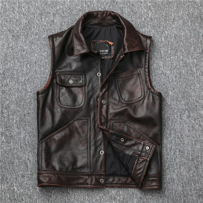 Shop Best,Genuine leather jacket,men cowhide vest.dark brown vintage motor biker vest,Oil wax slim vest,sales