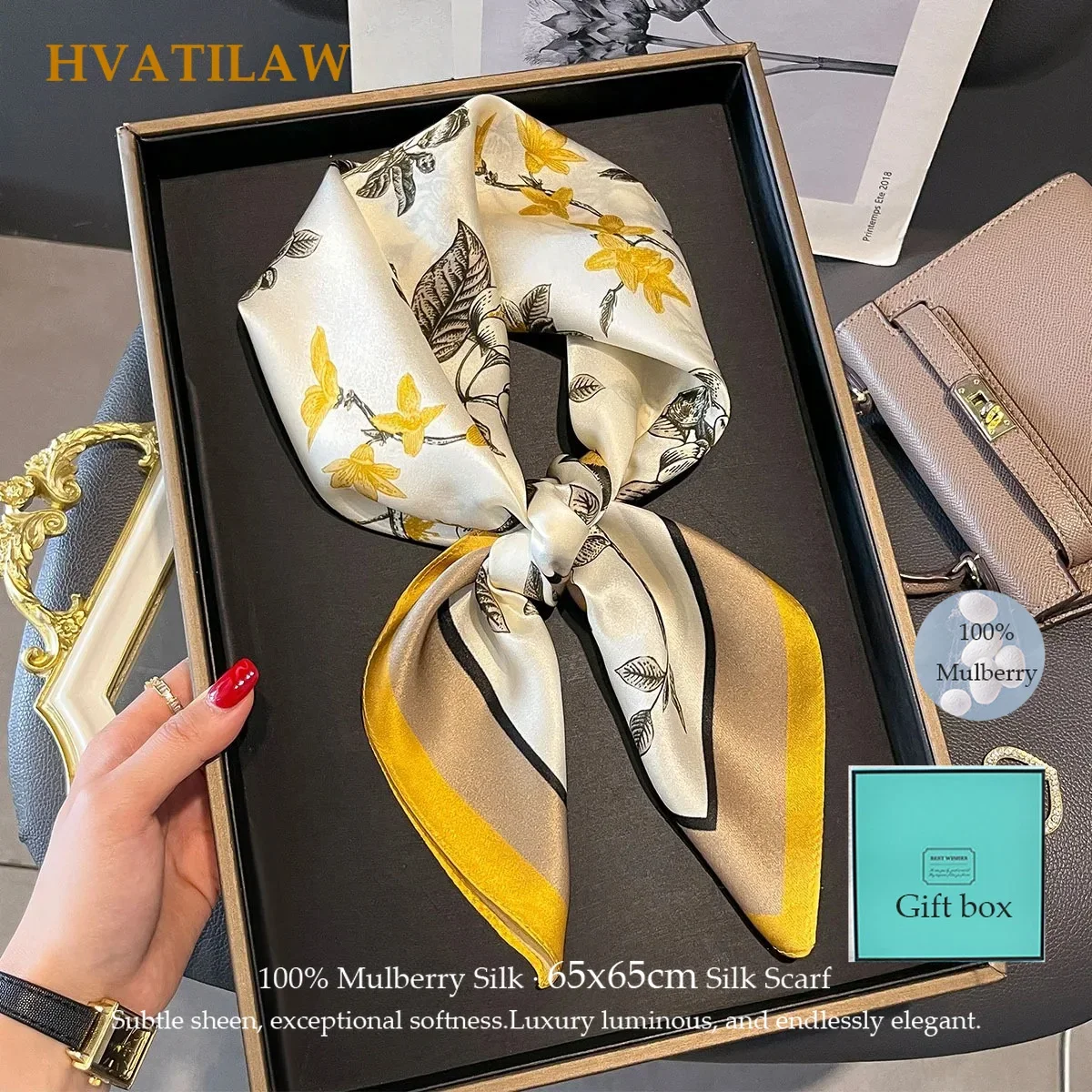 

New 100% Real Silk Scarf Bandana Women Mulberry Silk Square UV Protection Wrap Summer Fashion Luxury Headband Hijab Cruise Shawl