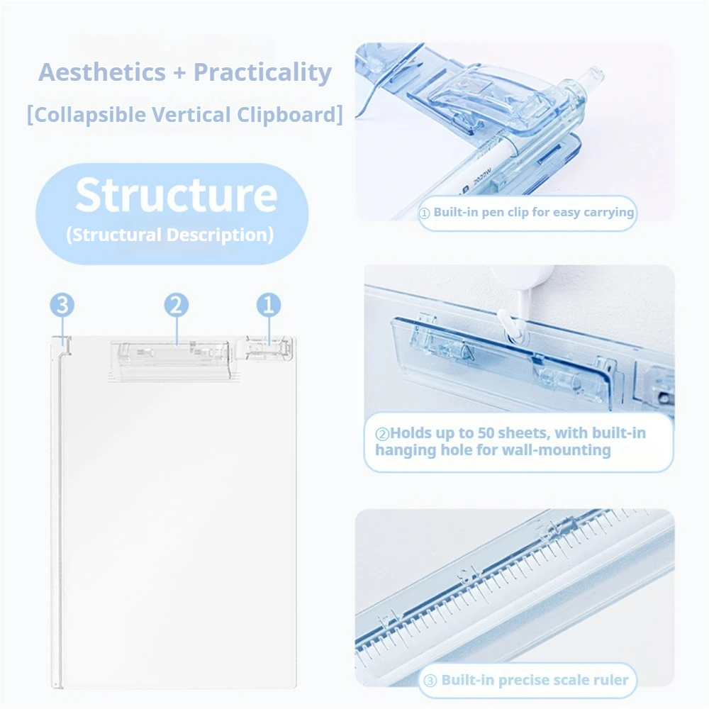 1Pc Clear Clipboard with Pen Clip and Measuring Ruler Stand Writing Board， A4 Letter Size Memo Clipboards for School, Office