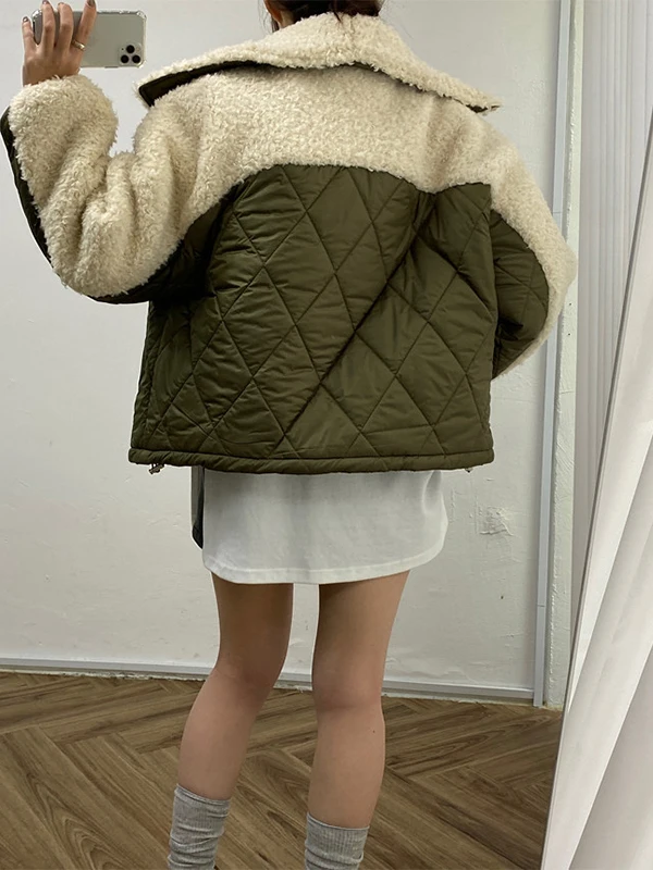 Otoño Invierno piel de cordero empalme algodón Jaet mujeres diseño suelto versátil ropa de abrigo cálida abrigo de moda