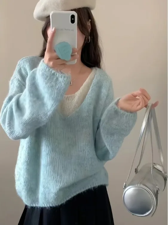 

Корейский вязаный свитер с v-образным вырезом, женский осенне-зимний новый нежный ленивый мягкий молодежный свитер, верхний топ