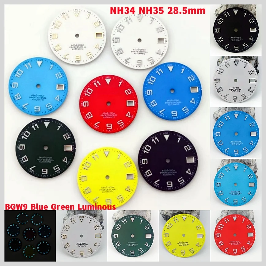 NH34 циферблат NH35 циферблат с арабскими цифрами BGW9 сине-зеленый светящийся циферблат 28,5 мм для NH34/NH35 Часовые аксессуары