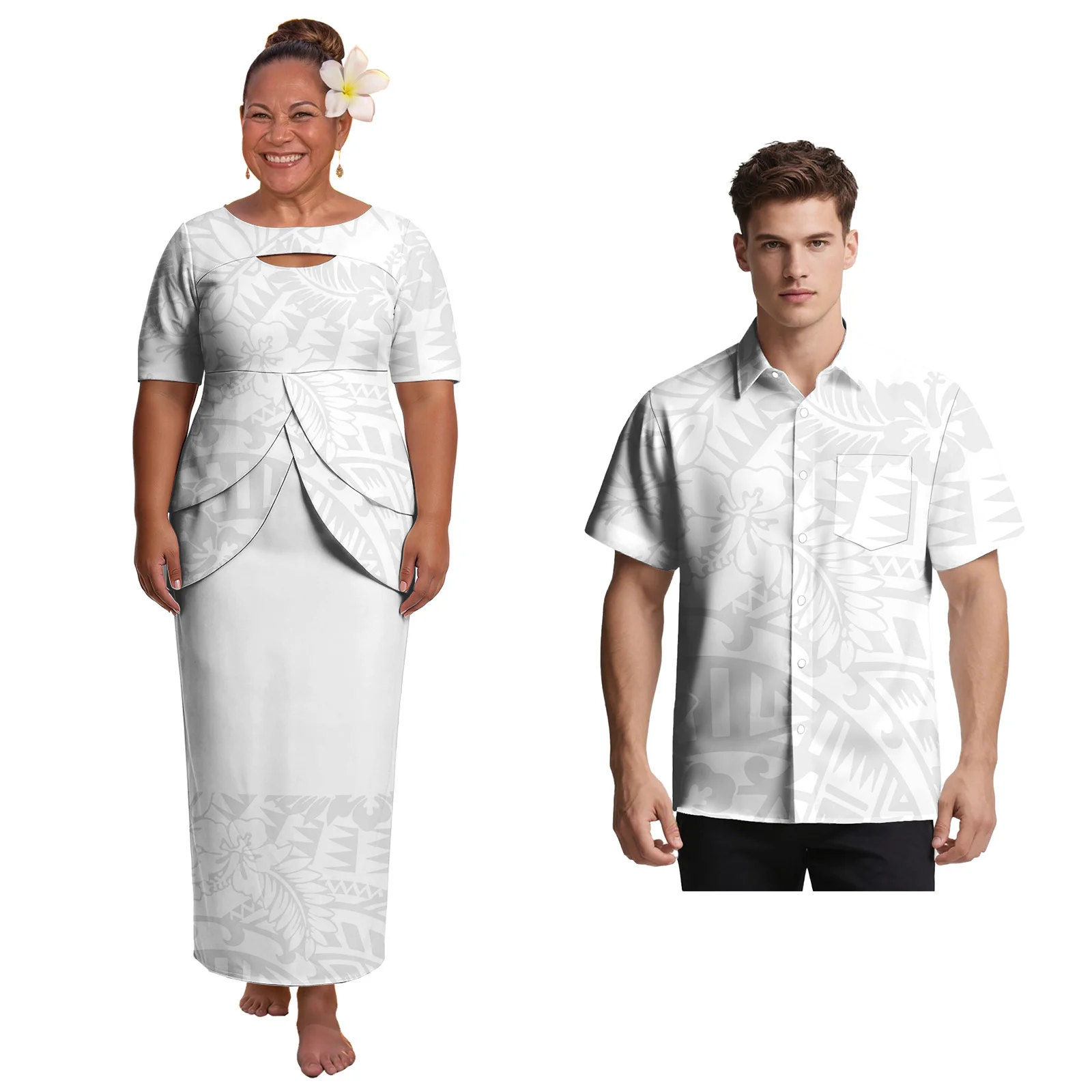 

Boutique Samoan Tribal Women Puletasi Hawaiian Beach Party Casual Men Shirts Polynesian White Sunday Couple Suit New Arrivals
