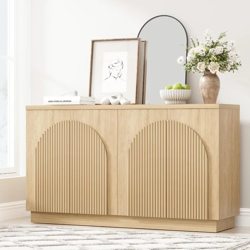 Yechen Fluted Sideboard Buffet Cabinet with Storage, Wood Mid Century Modern Credenza Cabinet w/Arched Reeded Doors & Adjustable