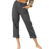 2026 Boho Linen Blend Cropped Pants for Women High Elastic Waist Button Fly Rolled Hem Trousers with Side Pockets - Image 5