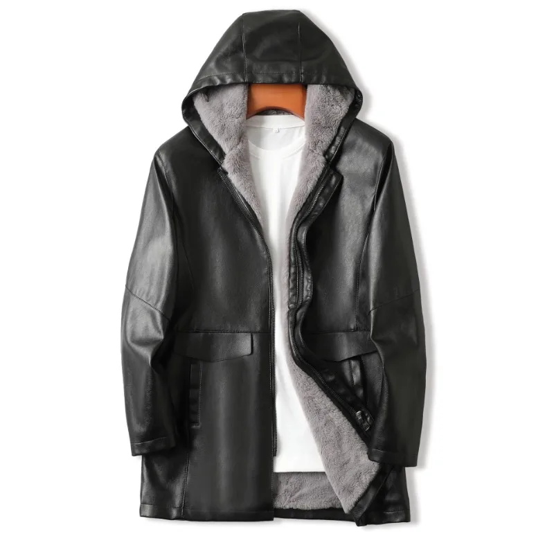 New Winter Men Fleece Hooded Leather Jackets Man Wool Liner Long Leather Coats Good Quality Male Casual PU Leather Jackets 3XL