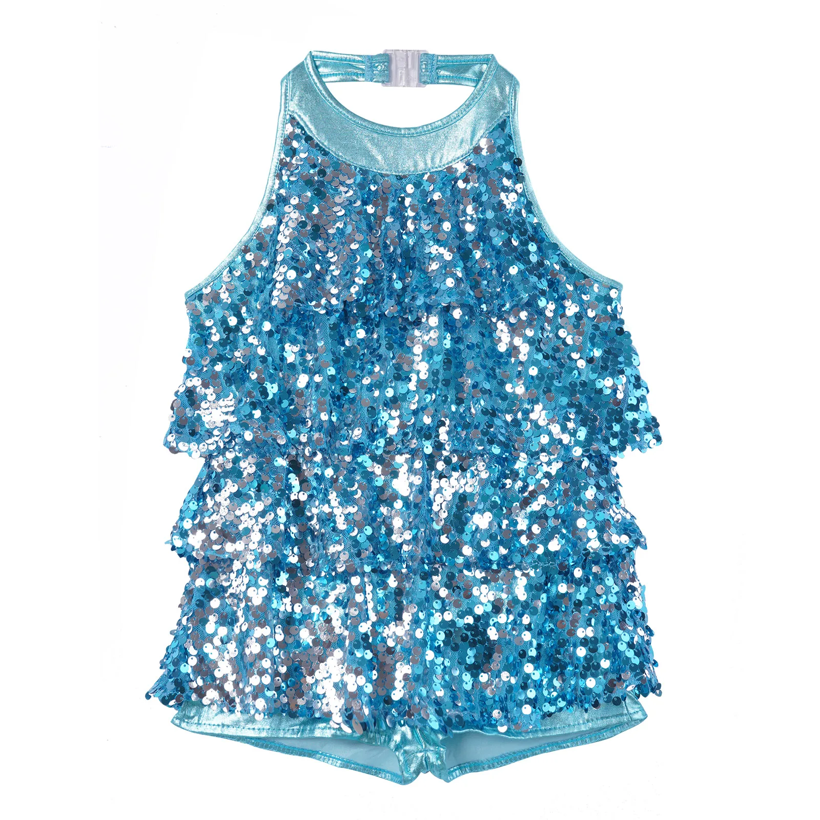 Girls Jazz Latin Dance Costume Halter Shiny Sequins Backless Stack Dress with Shorts Shimmering Classic Dance Jumpsuit