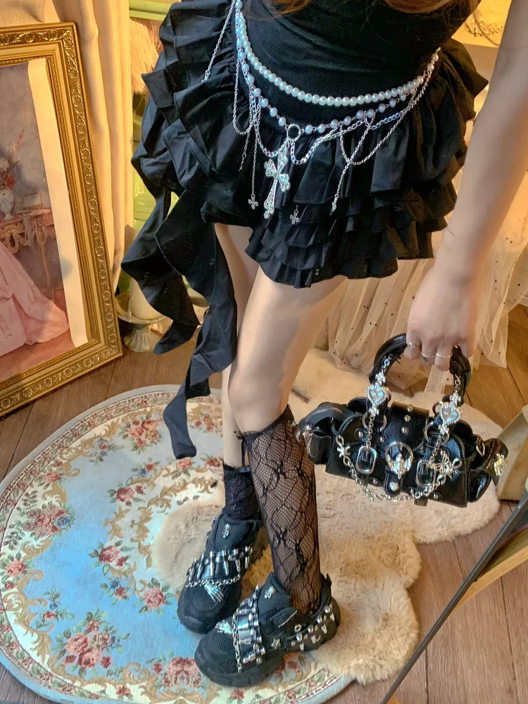 Pinkyo الأصلي الهيكل العظمي المعدني رصاصة سلسلة أبي أحذية الرجعية القوطية الظلام الشرير نمط سميكة سوليد أحذية رياضية