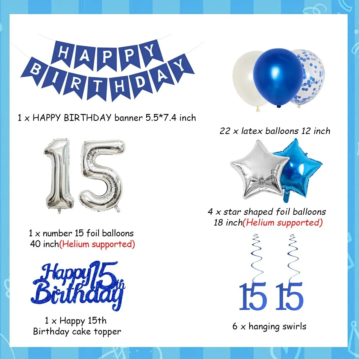 15th Birthday Decorations for Teenager Blue Happy Birthday Banner Happy 15th Birthday Cake Topper Number 15 Star Foil Balloons