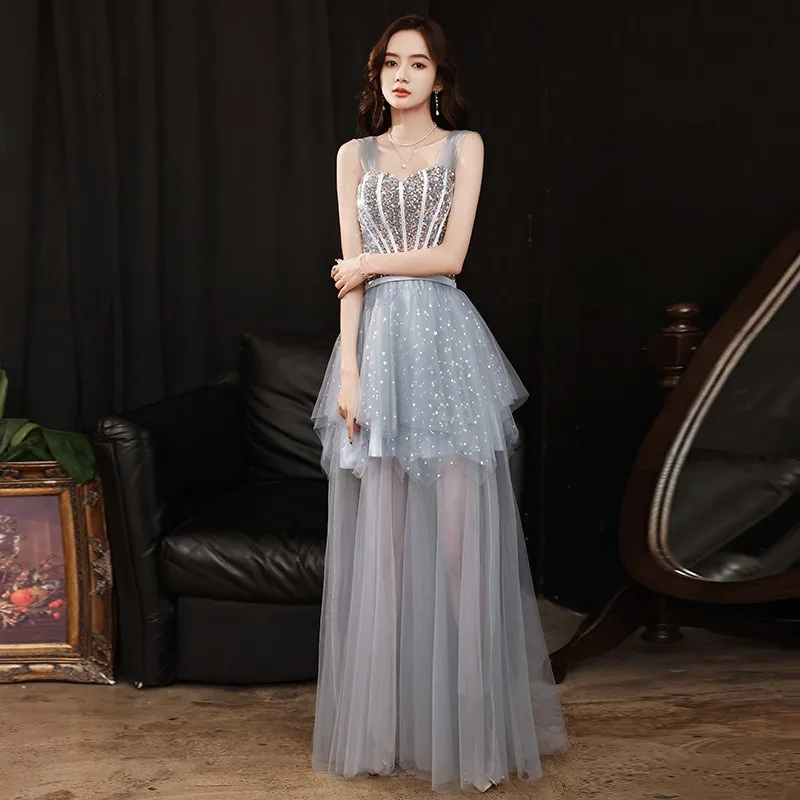 

Элегантное серое вечернее платье с блестками, новинка 2025, женское банкетное темпераментное платье на день рождения, осеннее длинное платье без бретелек на бретельках