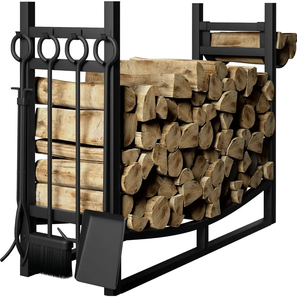 30.7in Large Firewood Rack With Fireplace Tools Set Wrought Iron Indoor Outdoor Kindling Log Holder Heavy Duty Wide Wood Storage