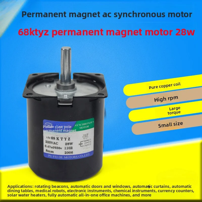68KTYZ 220V AC Synchronous Gear Motor 28W, Permanent Magnet Low Speed Reversible Motor CW/CCW for Automation,SL26119