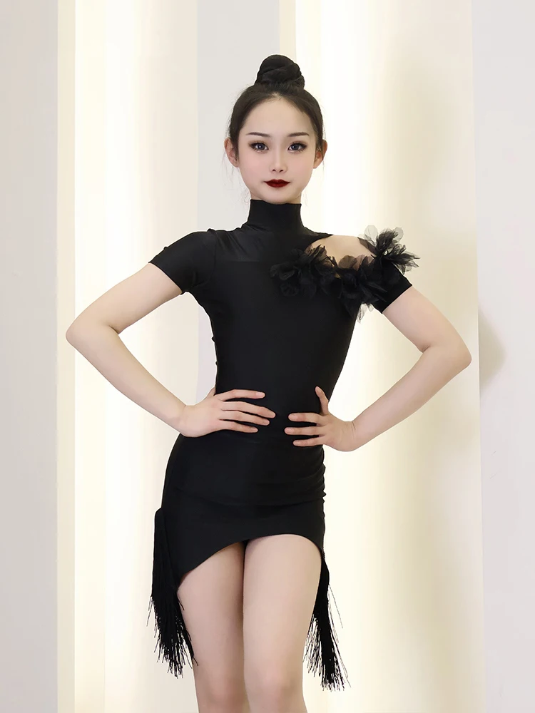 

Girls Latin Dance Clothes Black Competition Dress Summer Fringe Dress Kids Cha Cha Rumba Samba Dance Competition Dress DNV23045