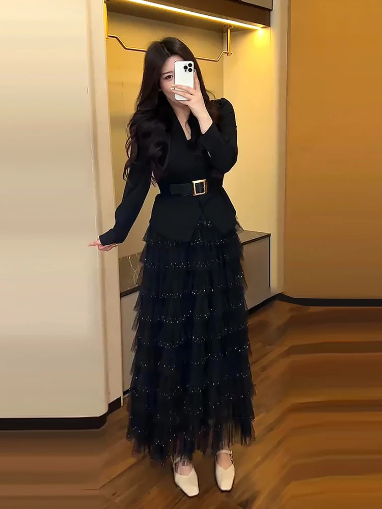 

Костюм для женщин больших размеров: пиджак и юбка в корейском стиле, с высокой талией, А-силуэт, миди, длинный рукав, V-образный вырез, полиэстер