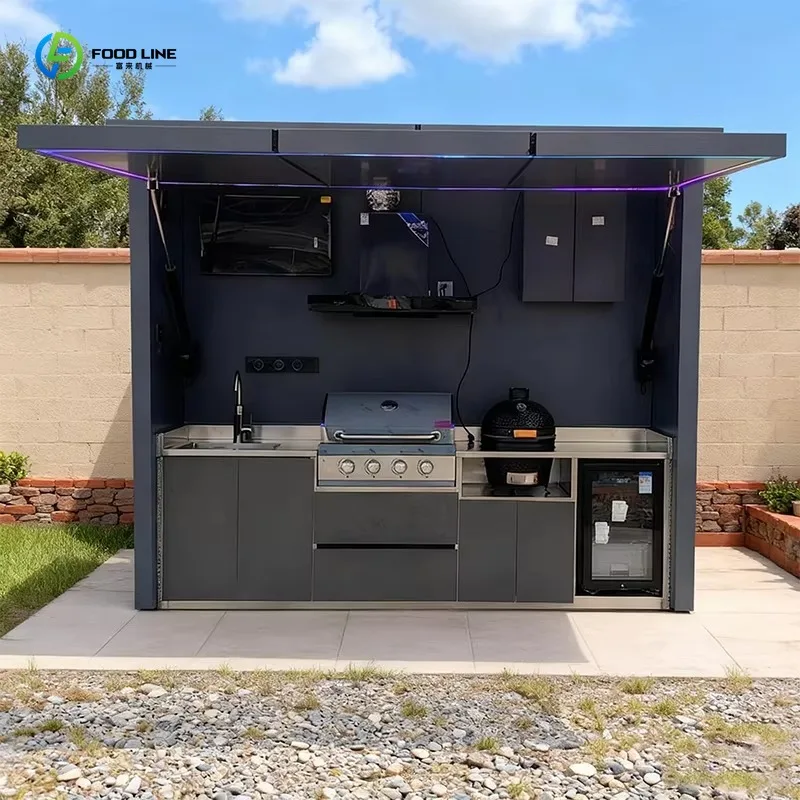Customized all weather outdoor BBQ kitchen cabinet heavy steel outdoor island with outdoor cooking stove grill