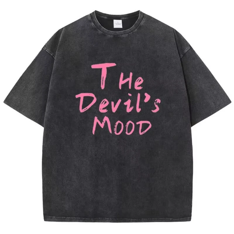 Fashion Womans Cotton Washed T-shirts The Devil's Moon Letter Prints Tops Casual O-Neck Oversize Tees Street Female Clothes