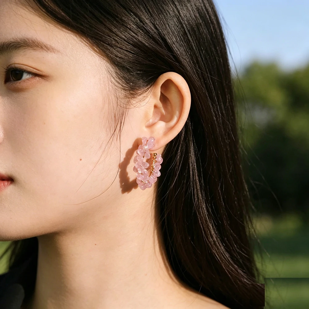 

Women Original Handmade Freshwater Pearl Rose Quartz Wire Wrapped Hoop Earrings Dainty Fashion Ear Jewelry For Wedding Party