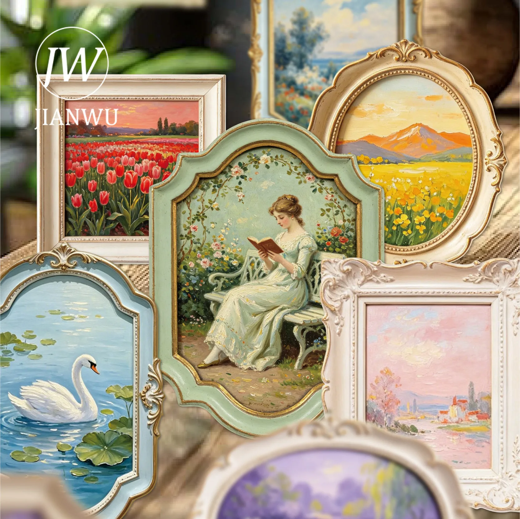 JIANWU Vintage Relief Flower Sea Painting Frame Landscape Material Collage Scrapbooking Sticker Creative DIY Journal Stationery