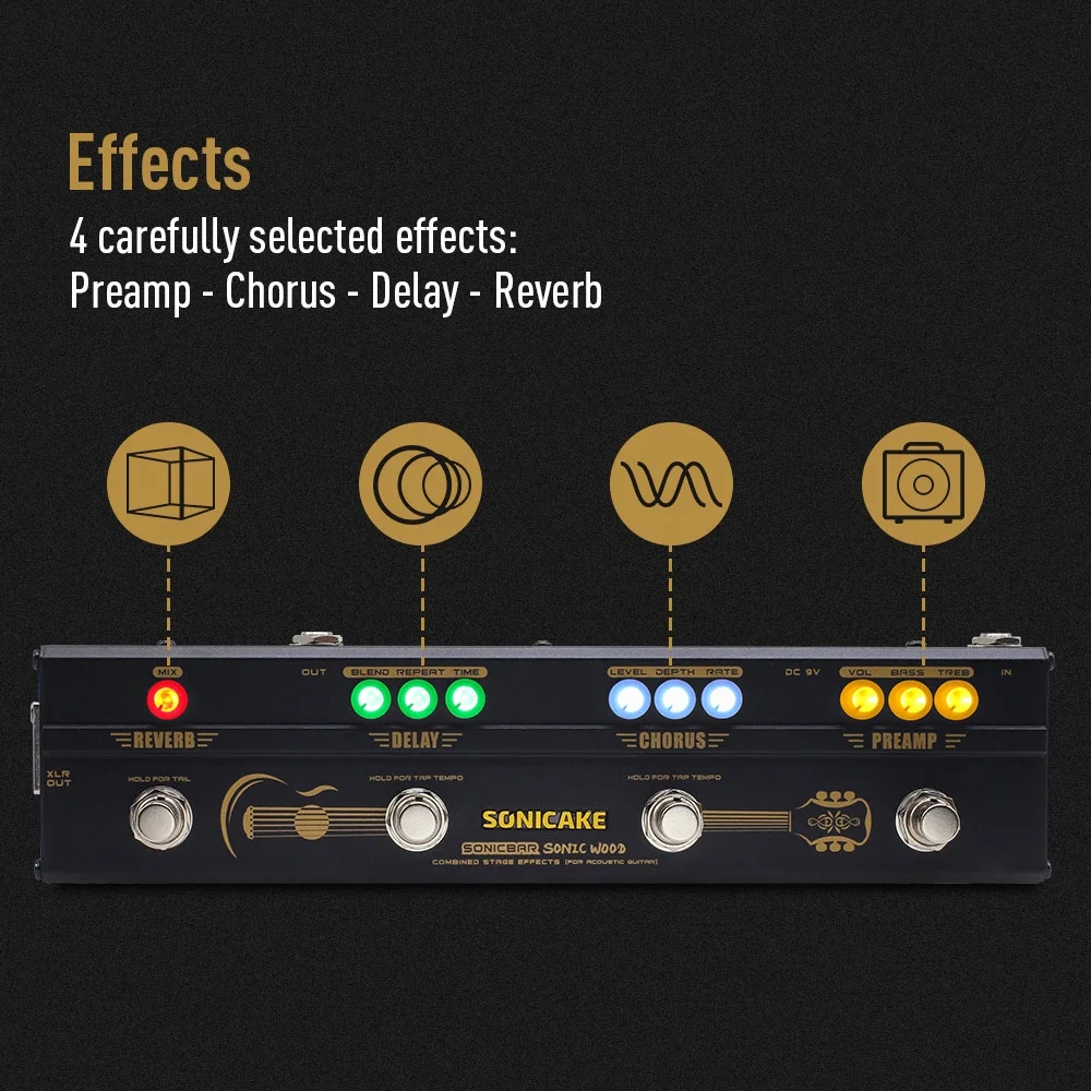 Sonicake sonic madeira guitarra acústica pré-amplificador di caixa multi efeitos coro atraso reverb pedal com saída xlr QCE-50