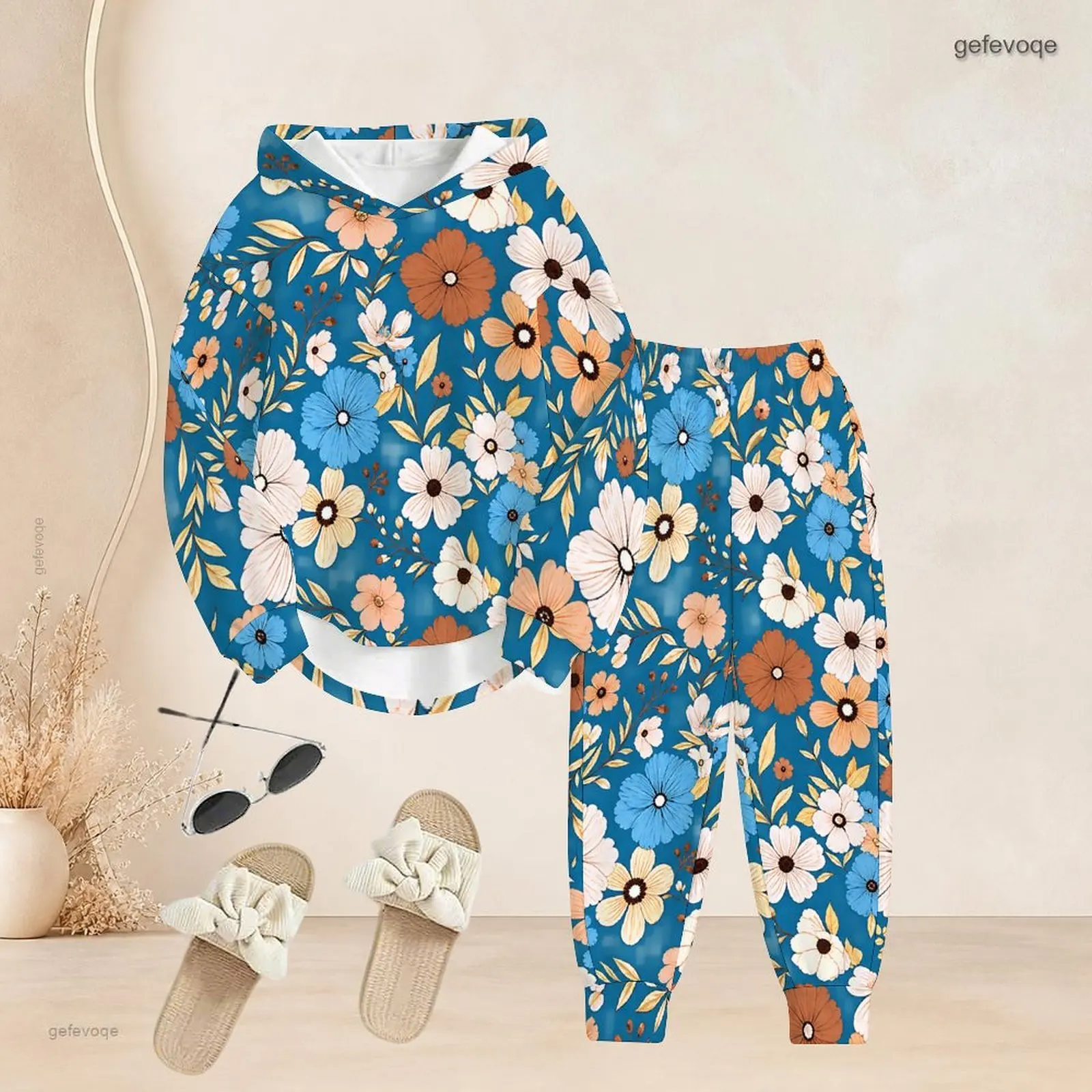 Women Printed Pants Set Long Sleeve Hooded Top Cuffed Pants Two Piece