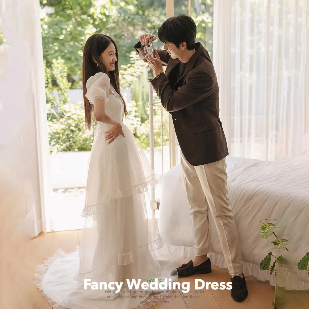 Fancy Simple O Neck A Line Korea Wedding Dress Photograph Short Sleeve A Line Bridal Gown Tiered Ruffles Floor Length