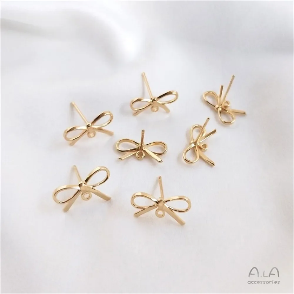 14K Bag Real Gold Bow Stud Earrings with Hanging S925 Ear Pins DIY Handmade Ear Accessories Earrings Material E052