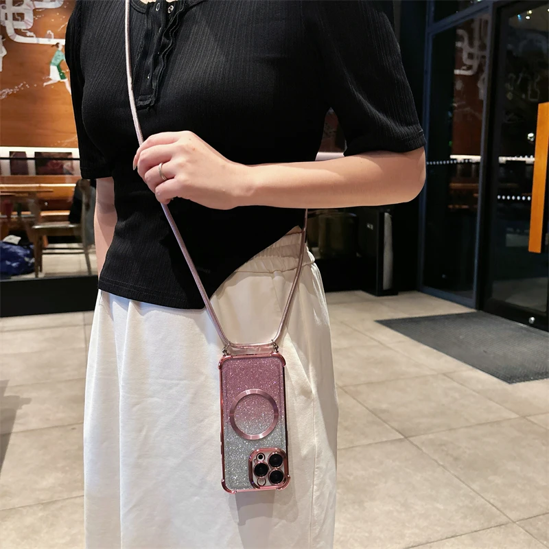 Luxury Phone Case For Redmi Note 13 13 Pro Plus 13R Colorful Plating Magnetic Crossbody Lanyard Soft Silicone Back Covers Funda