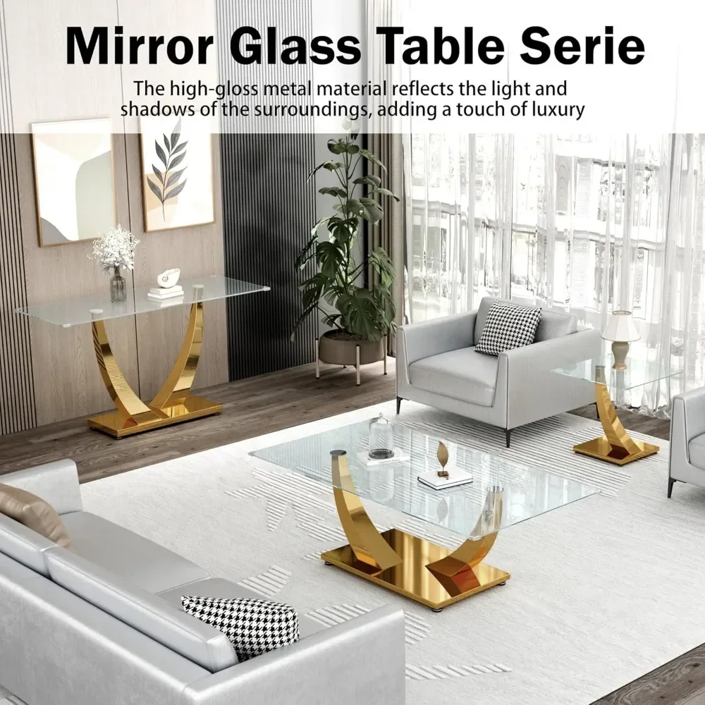 47" Clear Glass Coffee Table, Modern Gold Mirror Coffee Table with U-Shape Stainless Steel Legs, Tea Table
