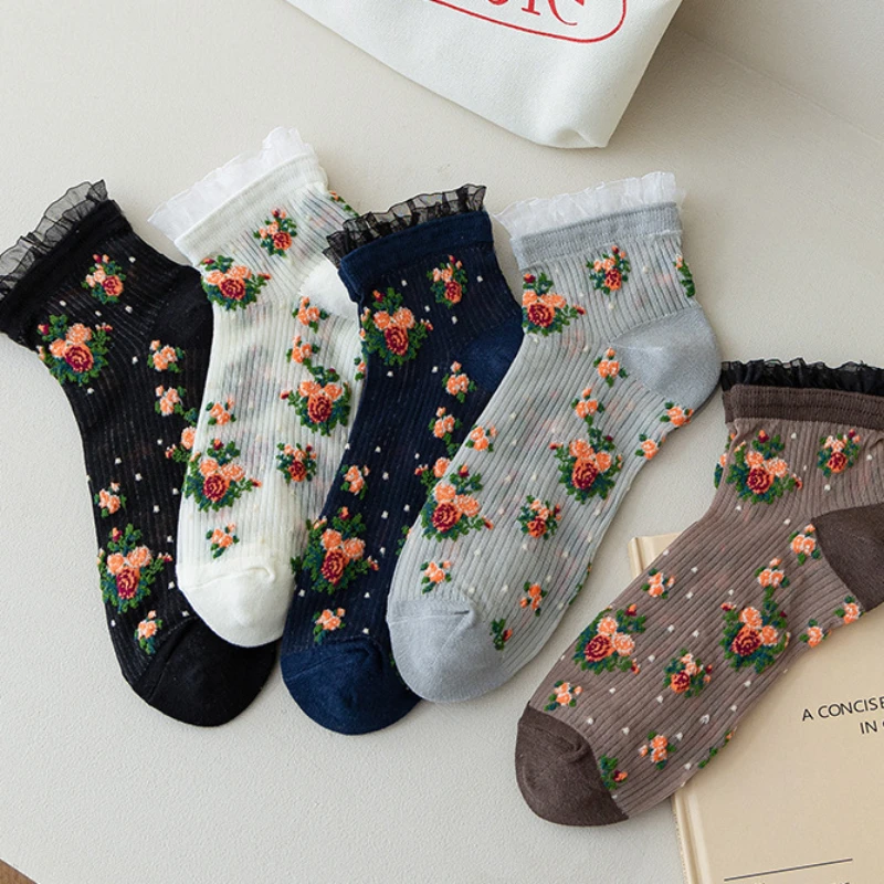 

Лолита кружевные с оборками винтажные короткие носки с цветочной вышивкой Harajuku ультратонкие прозрачные бриллиантовые женские летние