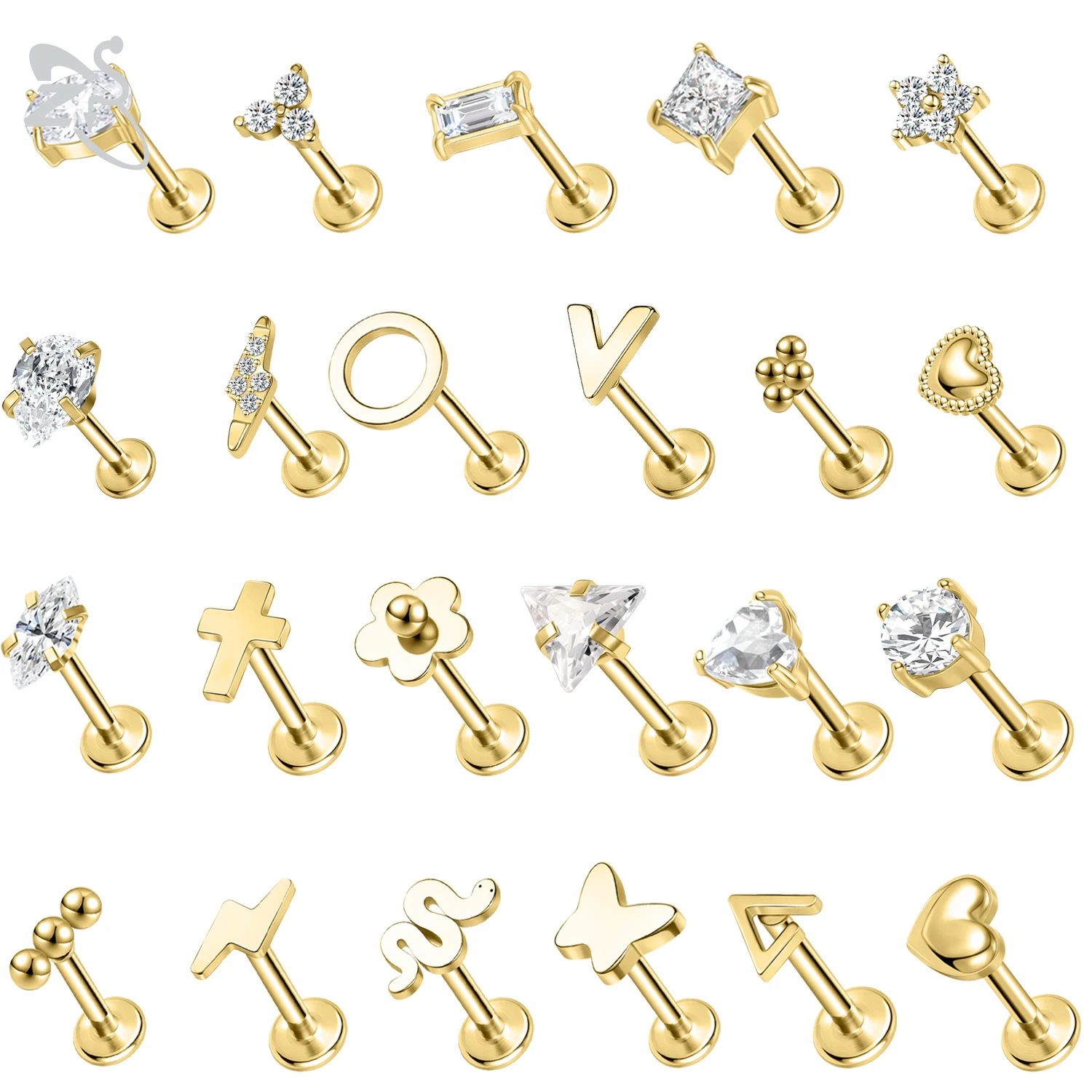 ZS 1PC Gold Color Stainless Steel Lip Stud Crystal Monroe Lip Labret Piercing Cross Heart Snake Star Butterfly Cartilage Earring