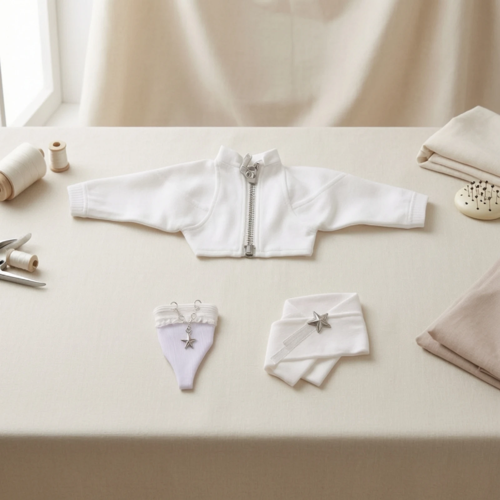 Three Piece Doll Outfit with Zip Front Cropped Jacket Camisole Top and Star Ornament Skirt for BJD