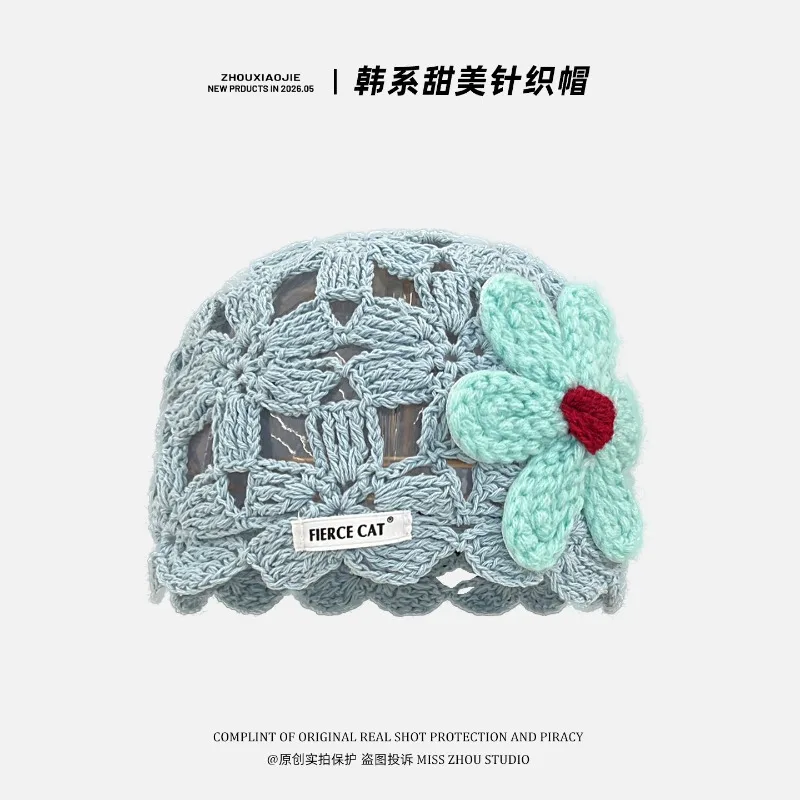 Korean Handmade Crochet Flower Cut-out Pullover Hat Women's Summer Thin Breathable Knit Hats Sweet Short Brim Beanie Caps 2