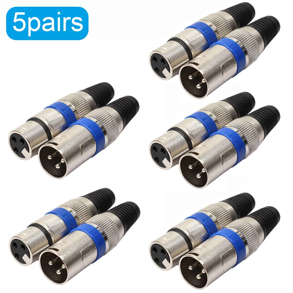 5 Pairs XLR 3 Pin Female Male MIC Jack Plug Audio Microphone Cable Wire Connector Power Adapter Blue NG4S Repair Replacement