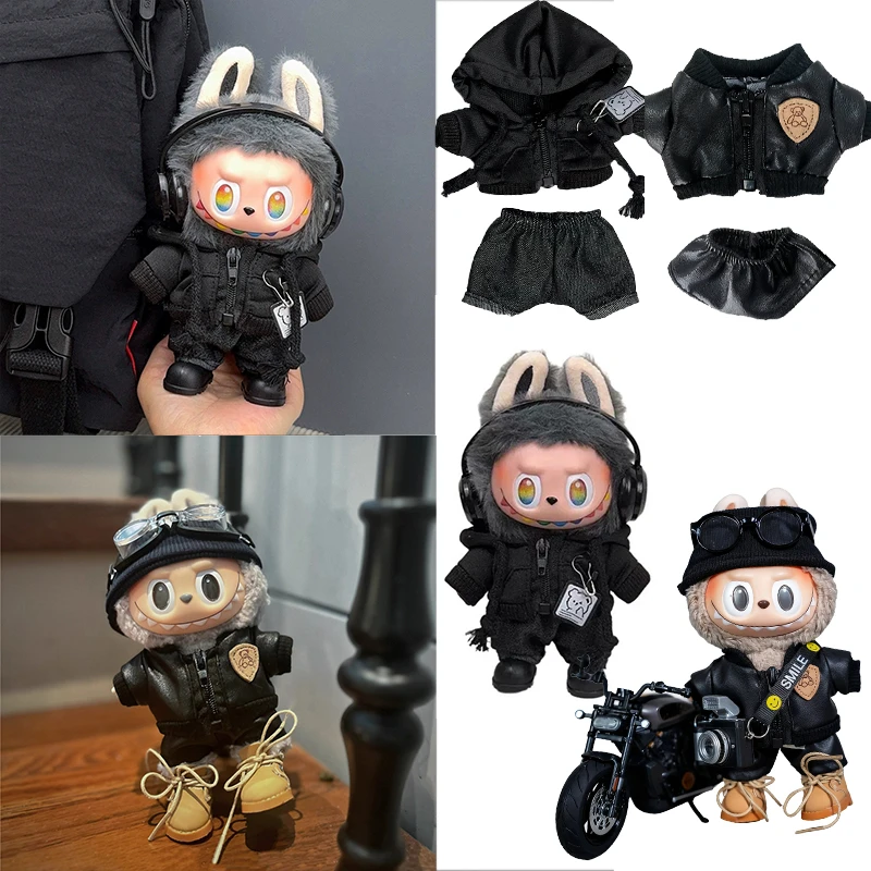 

15 17 см для куклы Labubu, черный стиль, толстовка с капюшоном и медведем на молнии, обувь, гарнитура, одежда, кожаная куртка, пальто, наряд, аксессуары для одежды