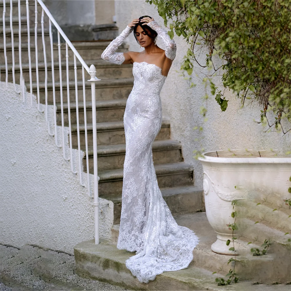 

2025 Strapless Mermaid Wedding Dress Bridal Lace Appliqué Sleeveless Backless Bride Gown Formal Wedding Bridal Dress Customized