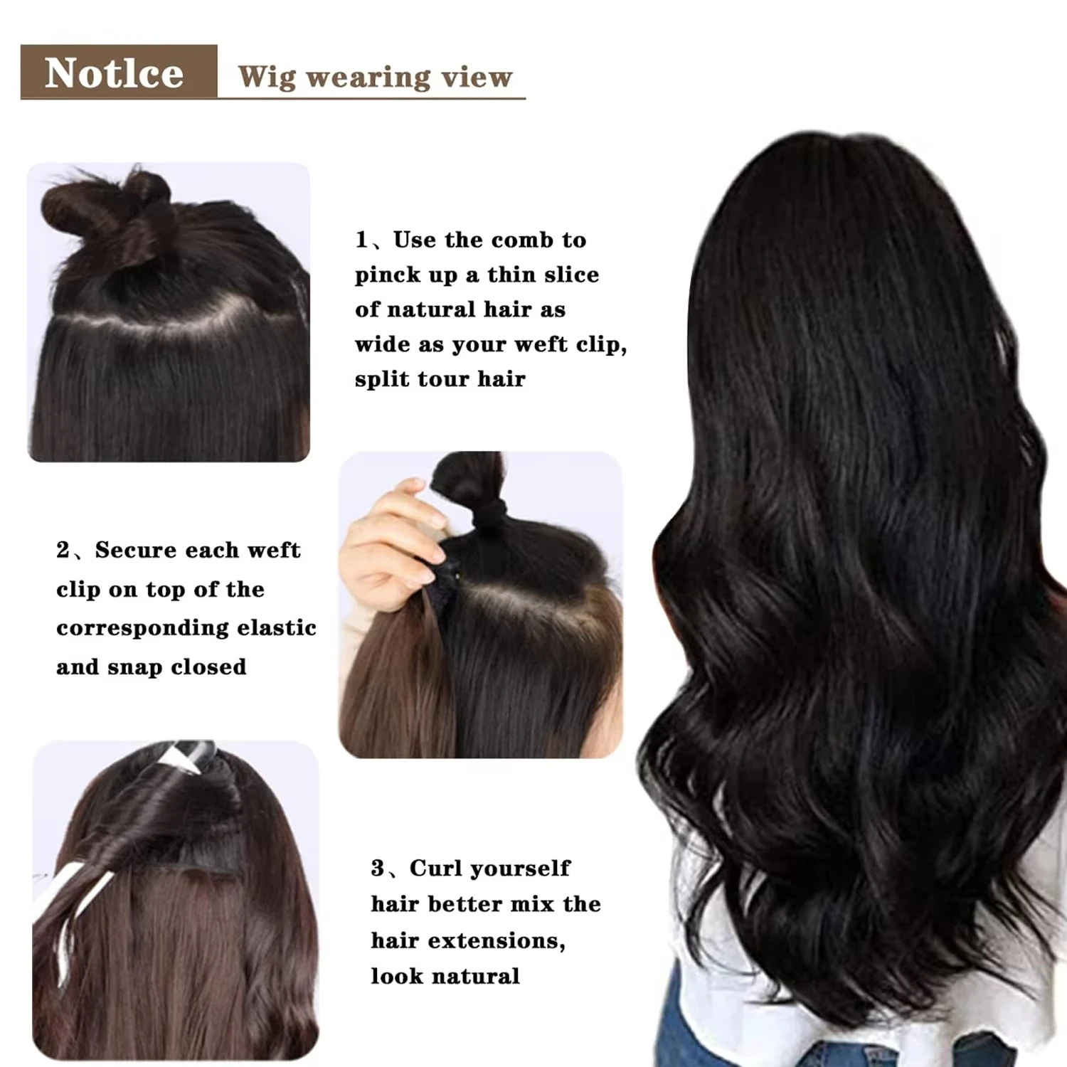 Synthetische 24-Zoll-Haarverlängerung mit 16 Clips, lange lockige Haarverlängerung, hitzebeständige Haarverlängerungsclips in Ombre, Schwarz, Braun, Blond, für Damen – Detail 3