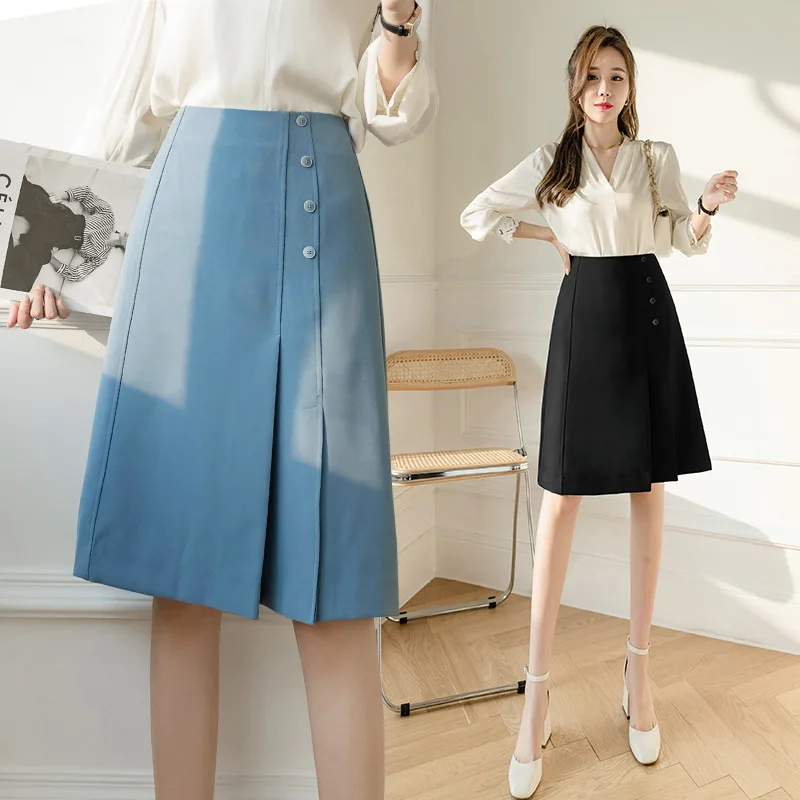 A Line Skirt Women Solid Color Casual Fashion Spring Summer Office Ladies Skirts High Street Simple OL Vintage Saias