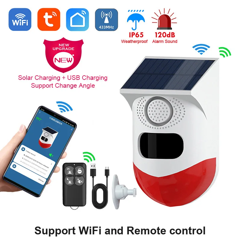 2in1 WiFi Tuya Smart Remote Control Outdoor Charging Security Sound Alarm Detector Sensor Farm Garden Solar Infrared Siren Solar