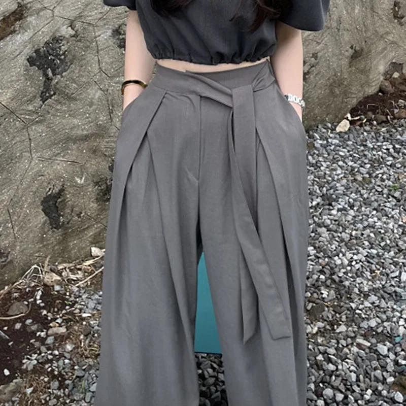 Korean Floor Mop Pants 2023 New Autumn Women's High Waisted Pleated Asymmetrical Belt Design Casual Sagging Wide Leg Trousers