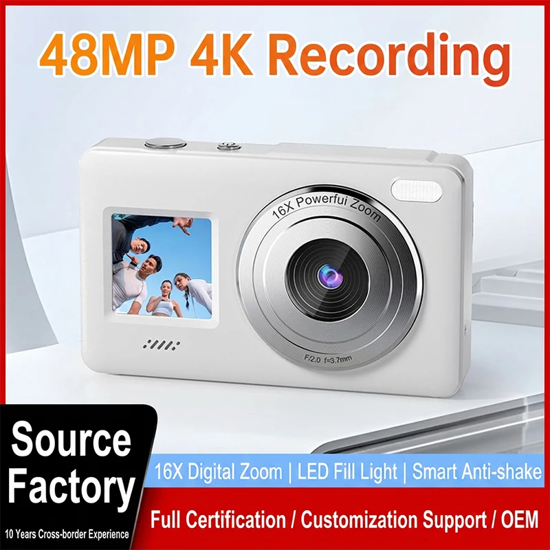 Digital Camera 2K 30fps Camcorder 48MP Photo 16X Zoom 100° FOV Auto Focus Dual Screen Support 128G TF Card Type-C Built-in Mic