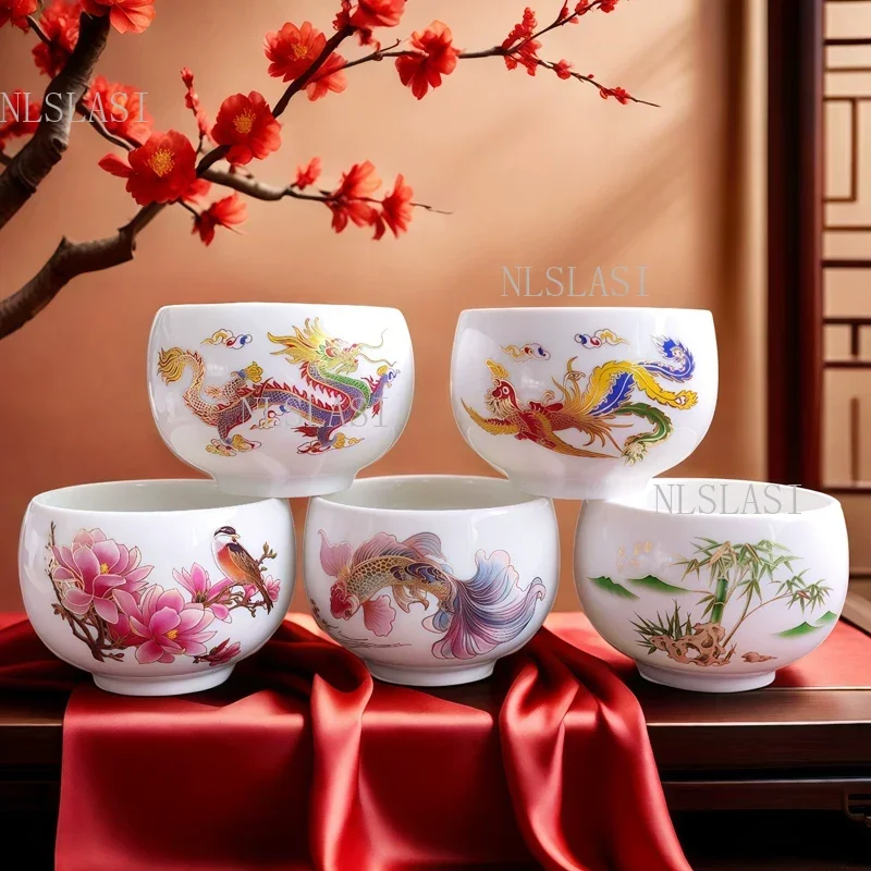 1pc Heat Sensitive Color Changing Ceramic Teacups Chinese Dragon Phoenix Landscape Pattern Master Cups Kung Fu Teaware