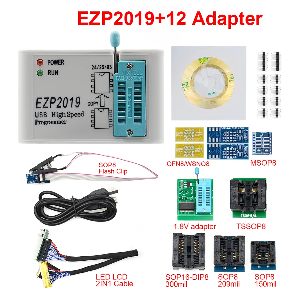 

EZP2019 High-speed USB SPI Programmer Support 24 25 93 EEPROM 25Flash BIOS Chip with 12 EEPROM Minipro Adapter 25T80 Programming