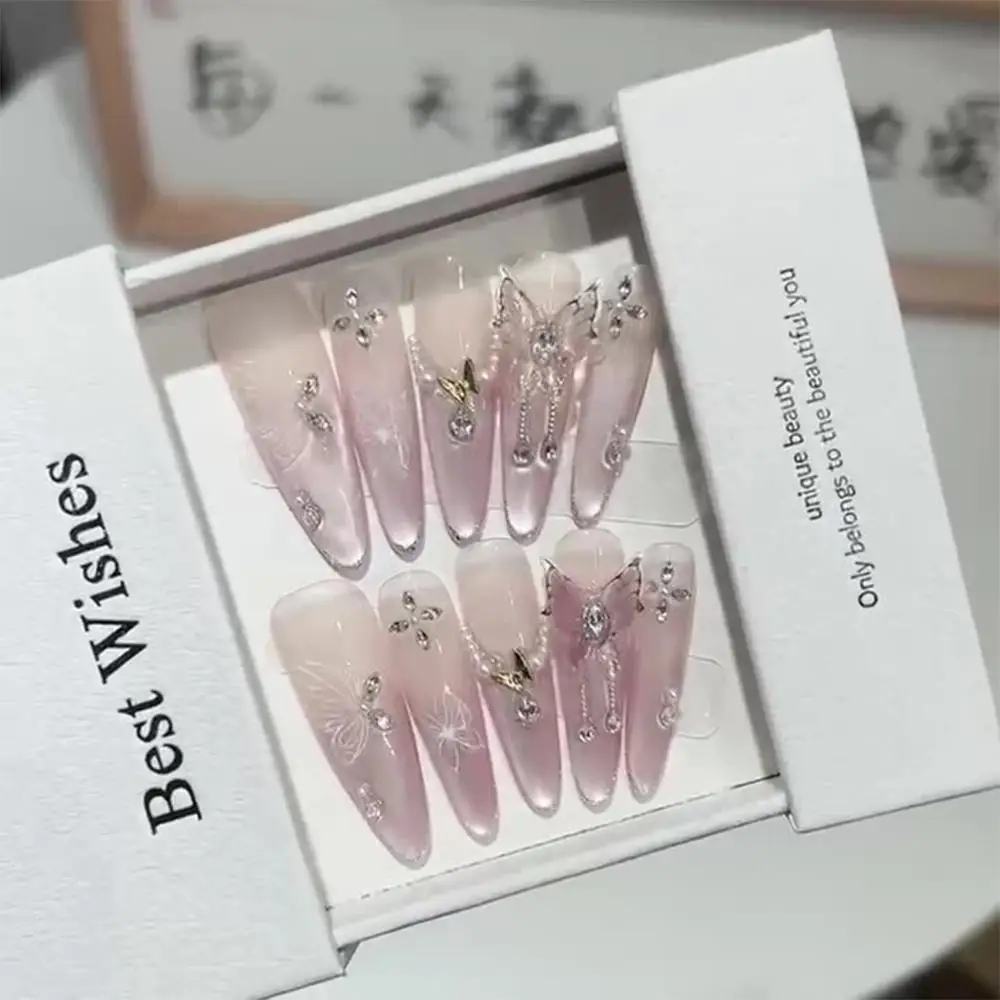 

Stylish Pink Cat Eye False Nails Dreamy Handmade Long Almond Press On Nails Diamond Butterfly Fake Nails for Women