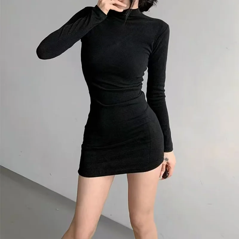 Fashion New Solid Half High Collar Dresses Autumn Winter Women Long Sleeves Sexy Bodycon Mini Dress Club Elegant Party Dresses