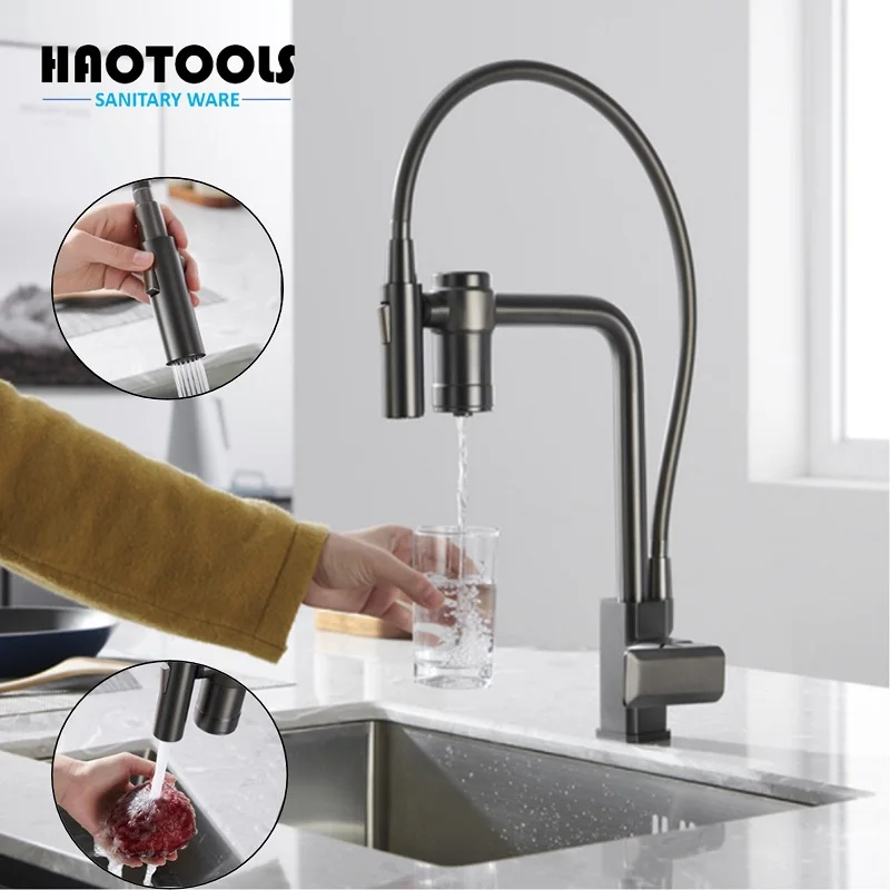 

All Copper Water Purification Filtration Multifunctional Cold And Hot Kitchen Faucet Pull-Out Three In One Vegetable Basin Sink