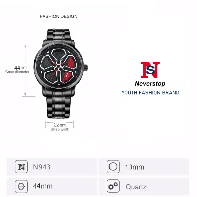 Mens Fashion Racing Watch Creative 3D Spinning Car Wheel Rotating Design Stainless Steel Large Dial Skeleton Waterproof Watch