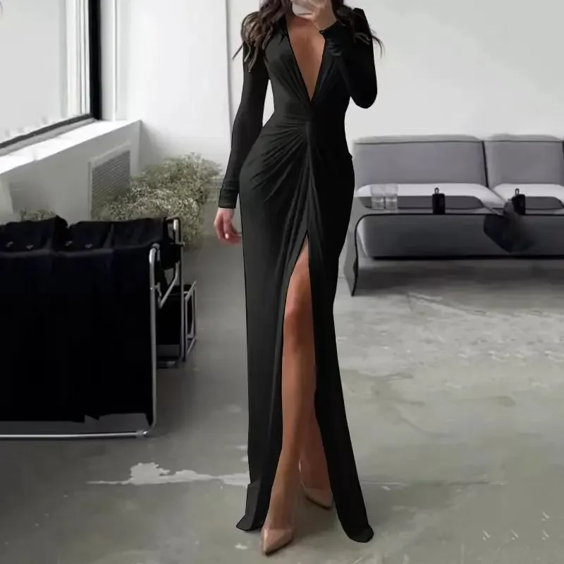 Damska Sukienka Maxi Letnia Moda Sexy Rozcięcie Dekolt V Długi Rękaw Jednolita Wyszczuplająca Plisowana Sukienka Wieczorowa Imprezowa High Streetwear Lato 5XL — zdjęcie 7