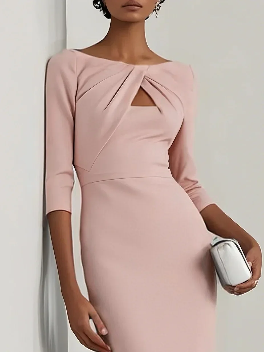 Damen-Bodycon-Midikleid mit U-Boot-Ausschnitt und Twist-Ausschnitt, Dreiviertelärmel, elegantes Bleistiftkleid für formelle Anlässe im Büro – Detail 4