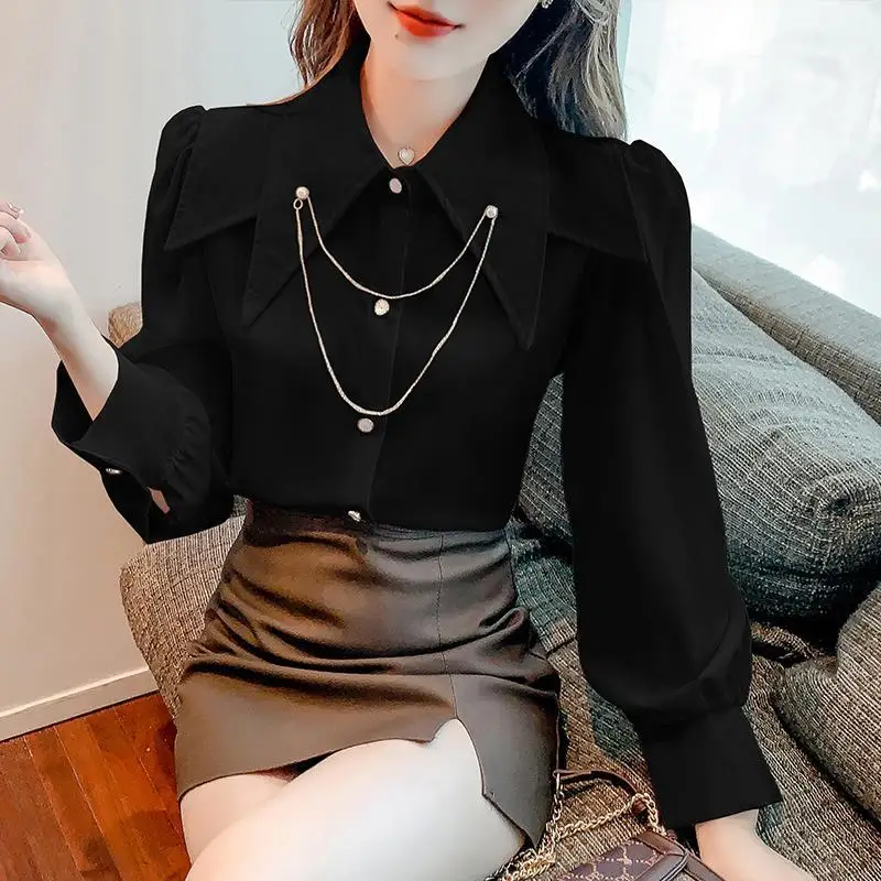 Doll Collar Chain Shirts & Blouses for Women Tall Japanese Harajuku Fashion Elegant and Youthful New 2025 Aesthetic Woman Top