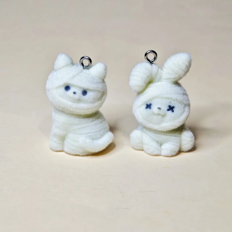 

20pcs 3D Flocking Resin Cute Halloween Rabbit Cartoon Animal Charms For Keychain Necklace Earring Making DIY Jewelry Accessories